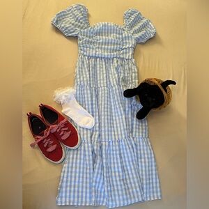 Dorothy Wizard of Oz Costume Bundle Dress S, Shoes 9.5, Socks, Basket, Dog